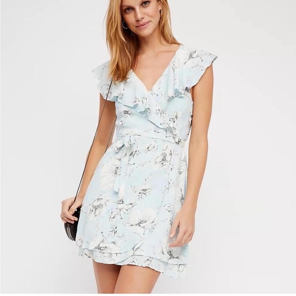 Free People French Quarter Mini Wrap Dress Blue Floral Size Large - Picture 2 of 12